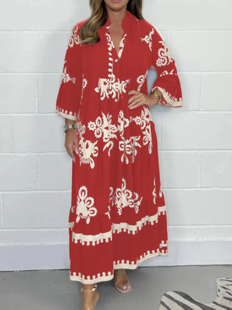 2024 Autumn Fashion New Women's Commuting Style Casual Printed Dress Loose Single Breasted Horn Sleeve Elegant Dress