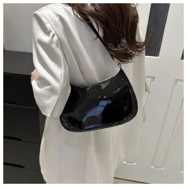 Vintage Wine Red Patent Leather Glossy Underarm Bag 2024 New Minimalist Lady Zipper Shoulder Bag Elegant Versatile Handbag Trend