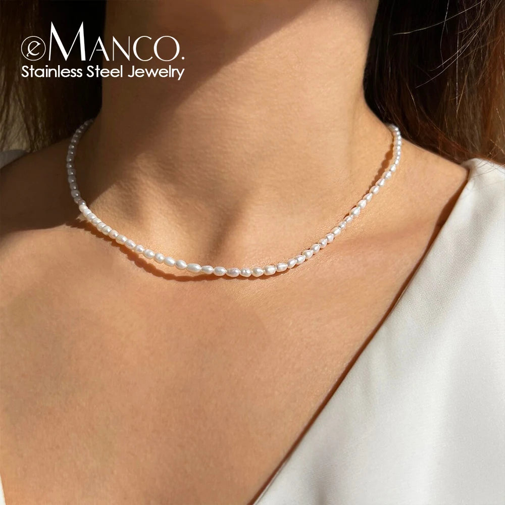 eManco 3MM Imitation Pearl Necklaces Oval White Stainless Steel Necklace Women's Collarbone Chain
