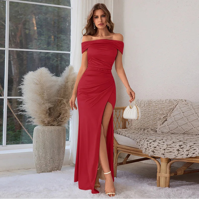 Sexy Satin Halter Dress - Ruched Slit Long Evening Gown