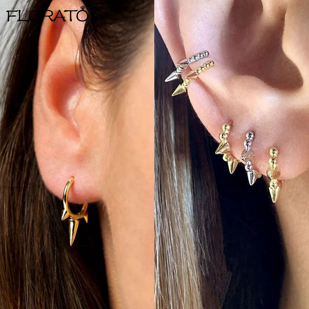 925 Sterling Silver Needle Punk Spike Rivet Hoop Earrings For Women Huggie Earrings Ear Cuff Piercing Earring Gothic Jewelry
