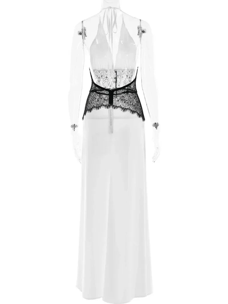 Deep V-Neck Backless Dress - Lace Satin Halter Maxi Evening Gown