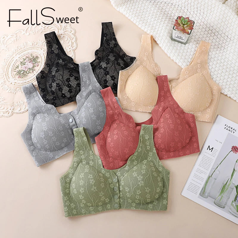 FallSweet 5PCS Front Closure Bra for Moms Lace  Seamless Push Up Brassiere Plus Size Wireless Brassiere for Middle-aged Women