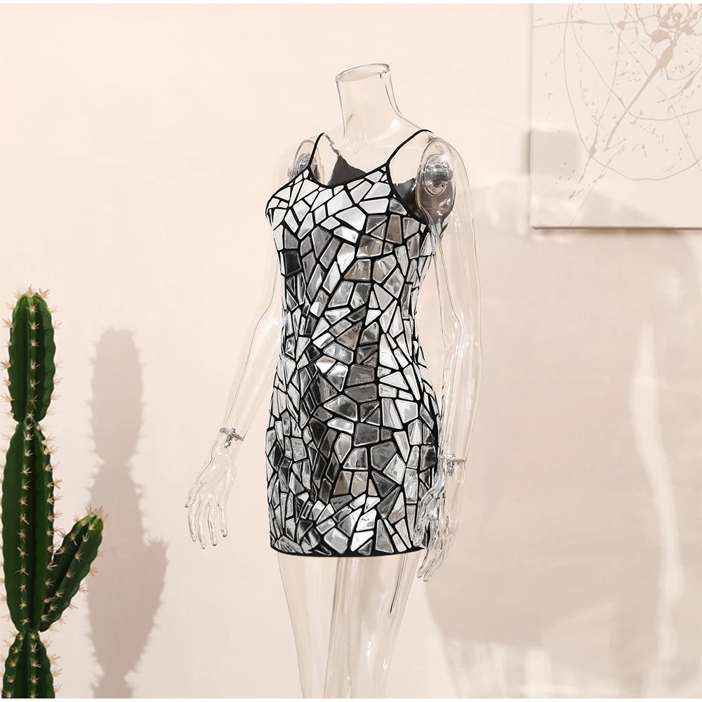 Women Shiny Metallic Sequin Dress - Sleeveless Bodycon Mini Party