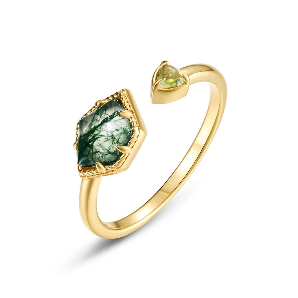 WES 925 Sterling Silver Open Ring for Woman Classic Unique Green Moss Agate Crystal Ring Engagement Gift Wholesale Oval Cut
