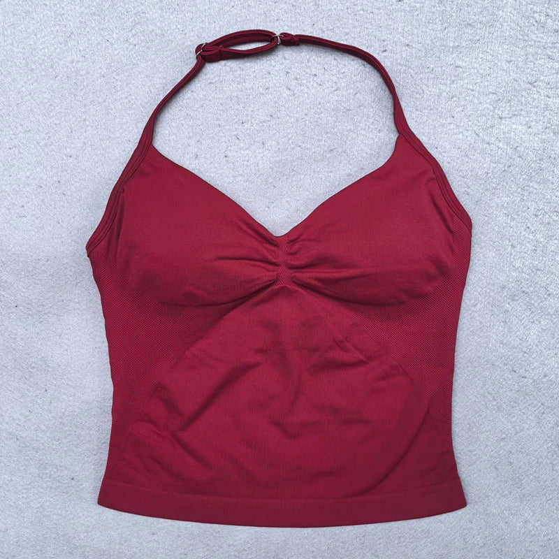 Adjustable Strappy Gym Top - Backless Scrunch Bra with Removable Cups