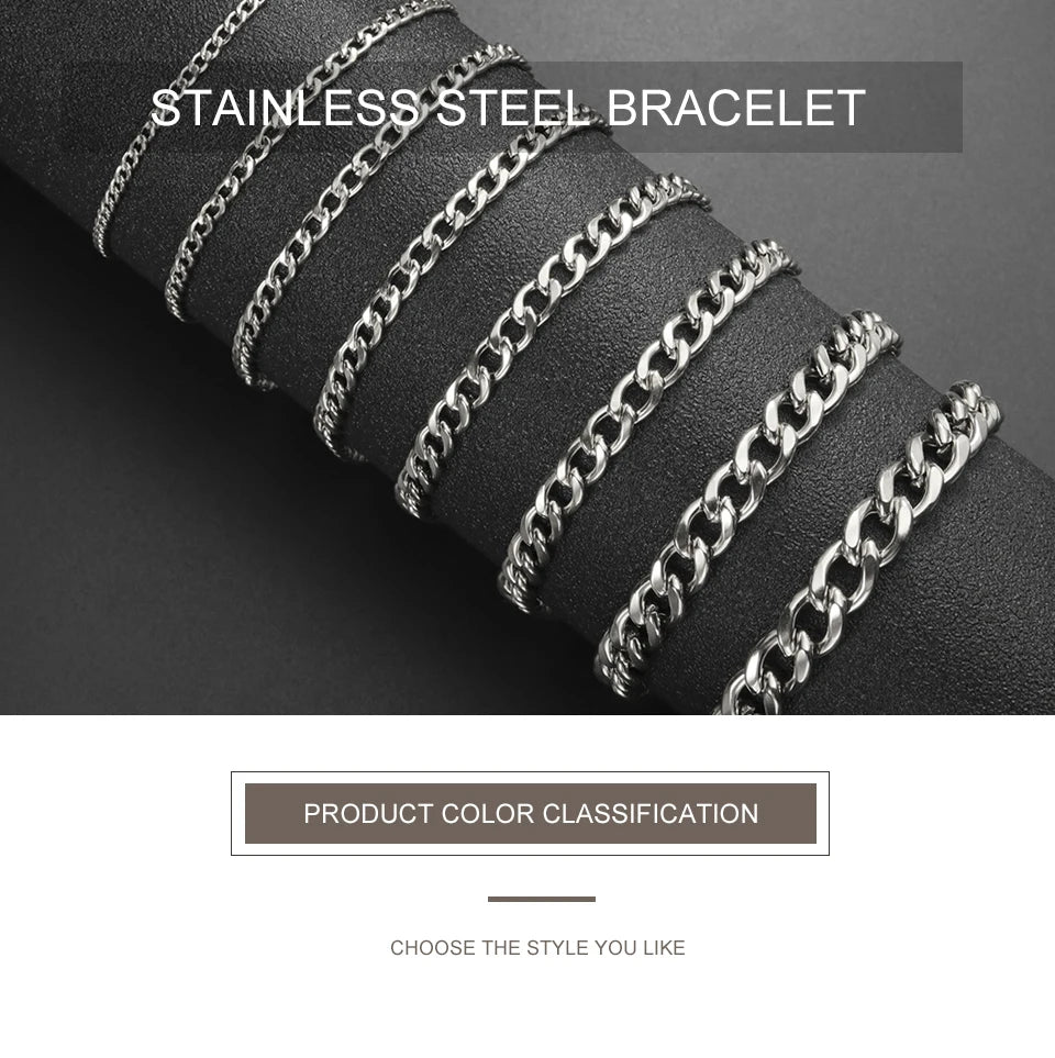 My Shape Fashion Cuban Chain Men Bracelet Stainless Steel 3/5/7/9mm Width Chain Bracelets Figaro Chain Boy Wrist Jewelry Couple