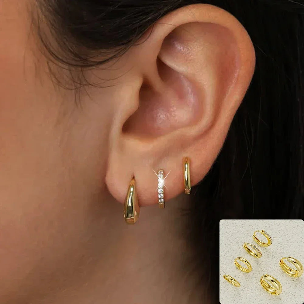 3Pairs Set Fashion Stainless Steel Crystal Oval Huggie Hoop Earrings for Women 18K Gold Plated Dangle Hoop Earring Punk Jewelry