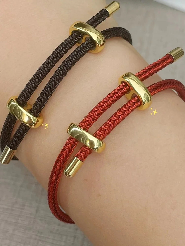 Braided Rope Bracelet Adjustable for Women with Stainless Steel Charms Arm Stacking Jewelry