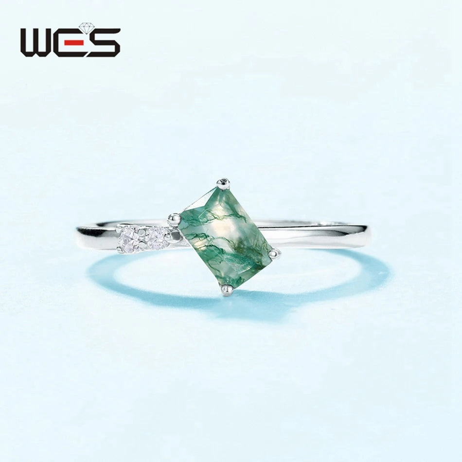 WES 925 Sterling Silver Open Ring for Woman Classic Unique Green Moss Agate Crystal Ring Engagement Gift Wholesale Oval Cut