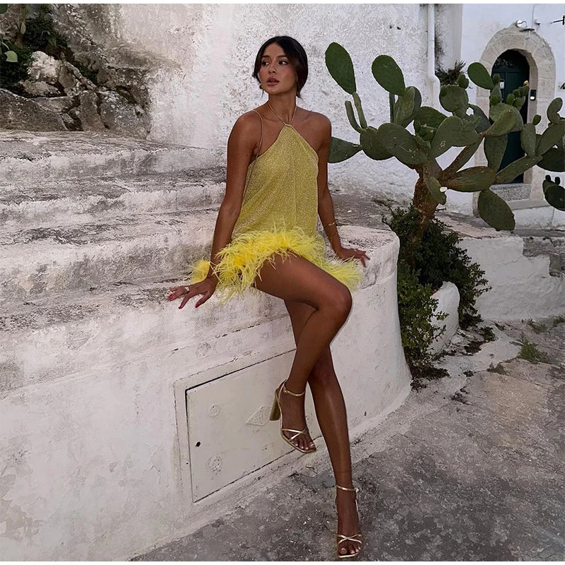 Sexy Feather Glitter Halter Short Dress Women Sleeveless Backless Yellow Female Party Dresses 2025 Summer Lady Beach A-line Robe