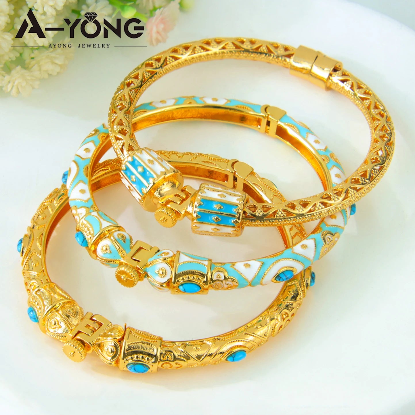 Ethiopia Classic Turquoise Bracelet 21k Gold Plated Dubai Charm Opening Bangles Oman Women Bridal Wedding Party Jewelry