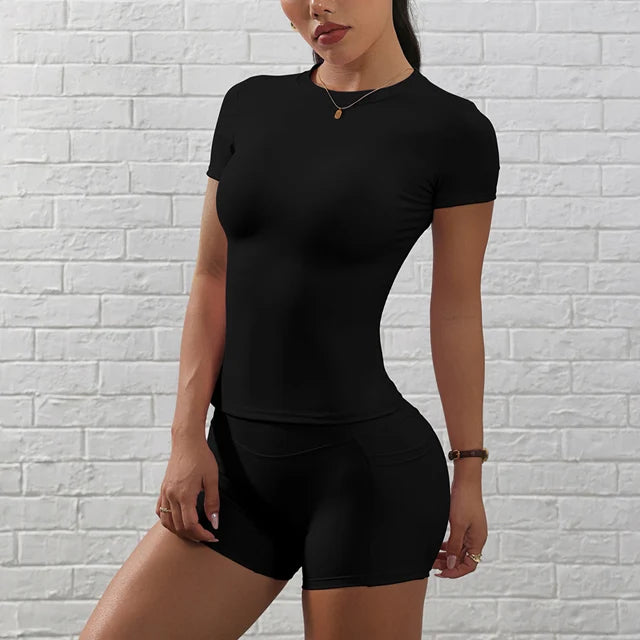 Seamless Yoga Set Women Workout Clothes Short Sleeve Crop Top Pocket Slim Gym Shorts 2 Piece Sports Suit Active Wear