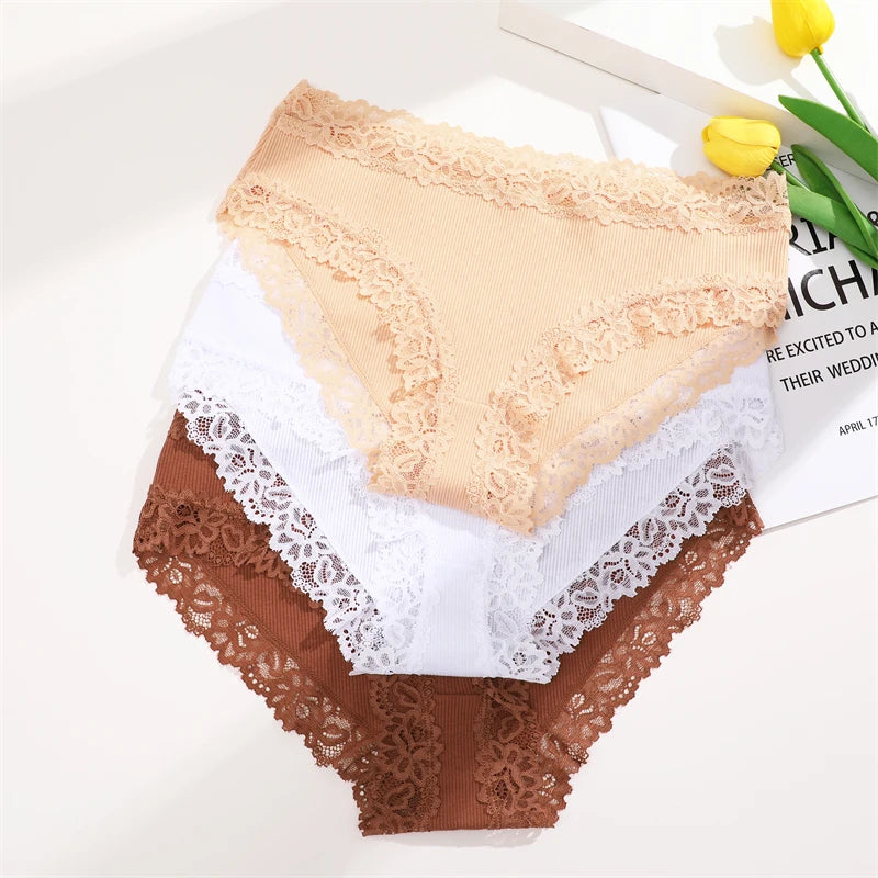 3PCS/Set Cotton Lace Underwear for Women Sexy Ribbed Floral Panties Comfortable Low-Waist Briefs Female Solid Comfort Lingerie
