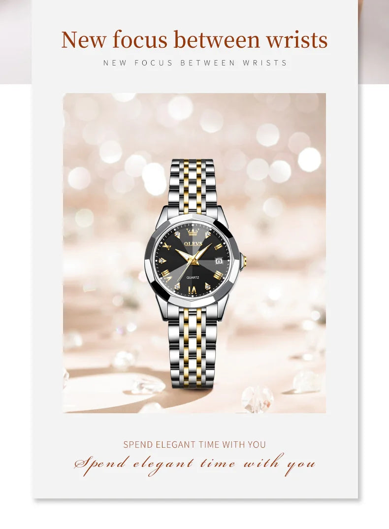 OLEVS Fashion Golden Watch for Women Stainless Steel Waterproof Women's Watches Elegant Original Luxury Ladies Quartz Wristwatch