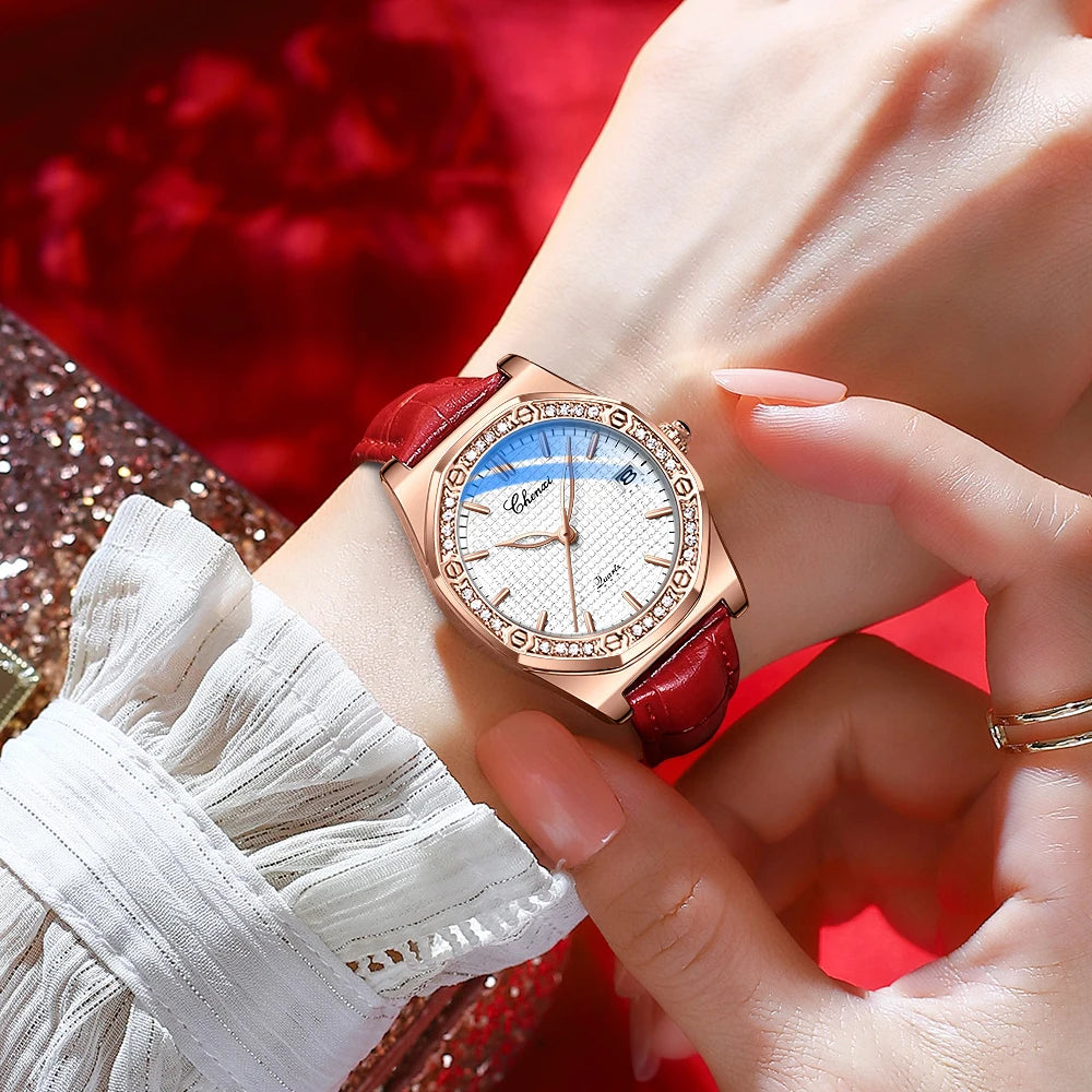 CHENXI Quartz Movement Woman Watch Simple Elegant Luxury Rose Gold Steel and Leather Strap Waterproof Ladies Dress Wristwatch