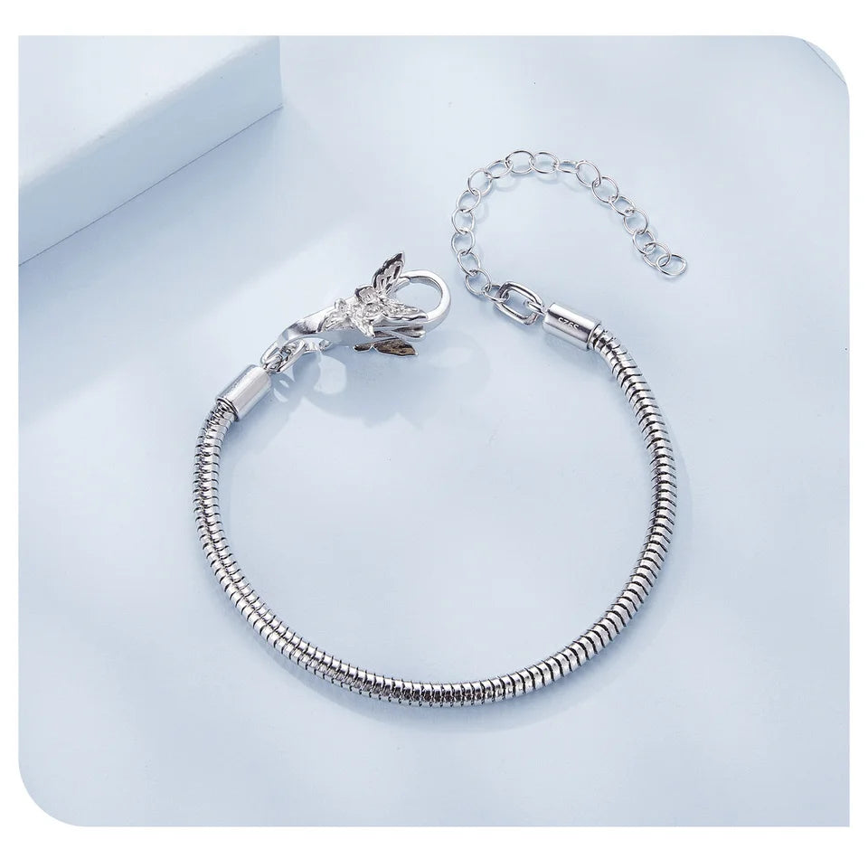 WOSTU Real 925 Sterling Silver Basic Snake Bangle Bracelet Butterfly Flower Closure Buckle For DIY Charms Bead Jewelry Make Gift