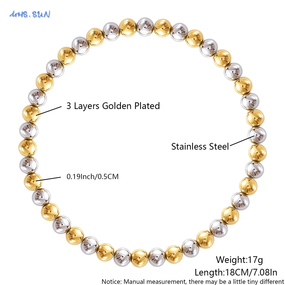 MHS.SUN Fashion Waterproof Smooth Stainless Steel Bracelets 2-10mm Elastic Beaded Gold Plated Stackable Bracelet Women Jewelry