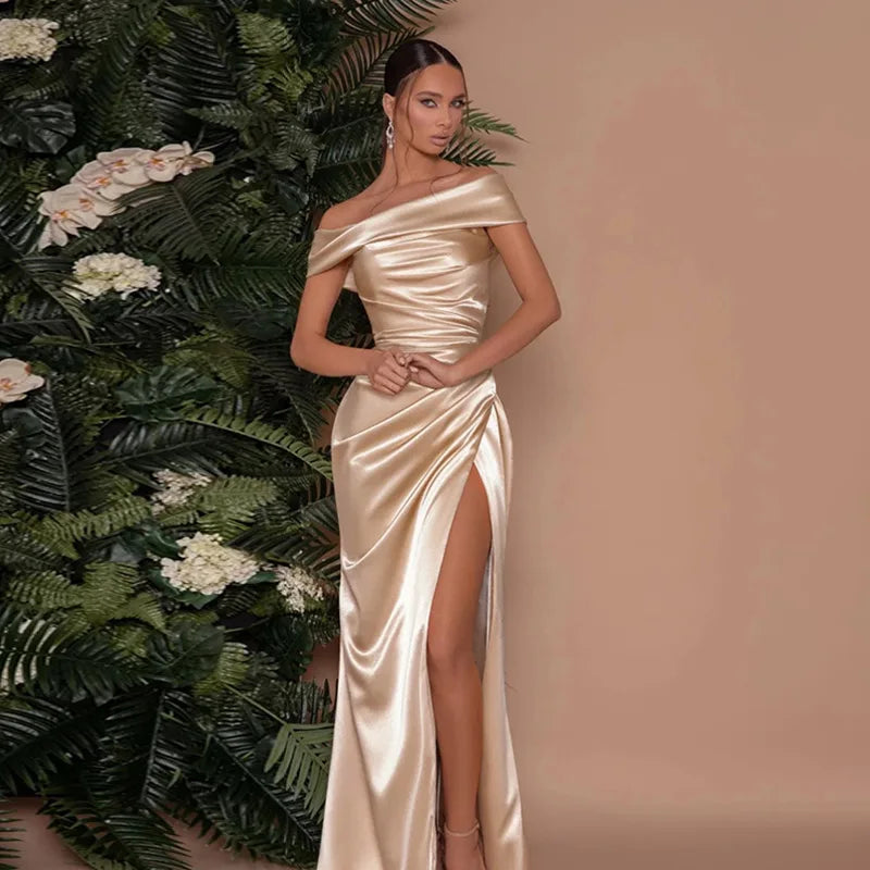 Sexy Satin Halter Dress - Ruched Slit Long Evening Gown