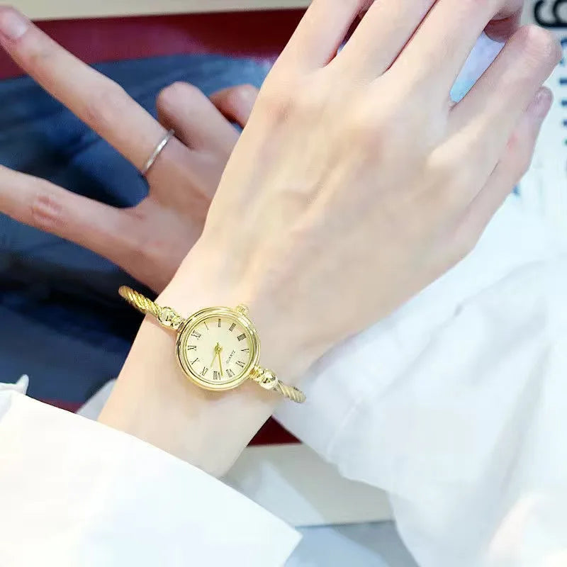 Small Gold Bangle Bracelet Watch - Retro Ladies Quartz Thin Chain