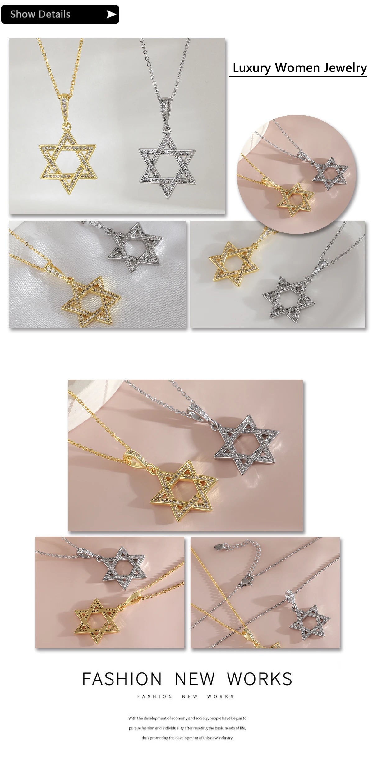 MHS.SUN Luxury Star of David Necklaces for Women Men Fashion Hollow Hexagonal Star Pendant Chain Necklace Judaica Jewish Jewelry
