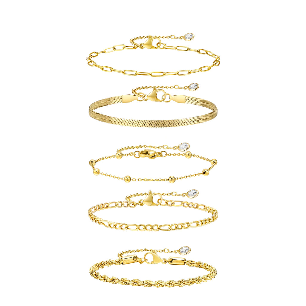 5PCS/Set Women Gold/Silver Color Bracelets,Stainless Steel Lady Geometric Fashion Charm Chain,Multi Layers Dainty Girl Jewelry