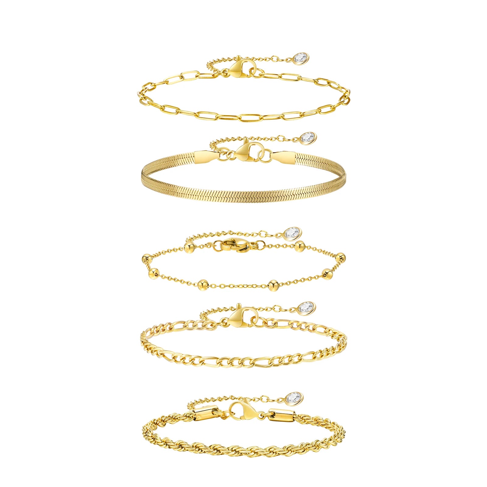 5PCS/Set Women Gold/Silver Color Bracelets,Stainless Steel Lady Geometric Fashion Charm Chain,Multi Layers Dainty Girl Jewelry