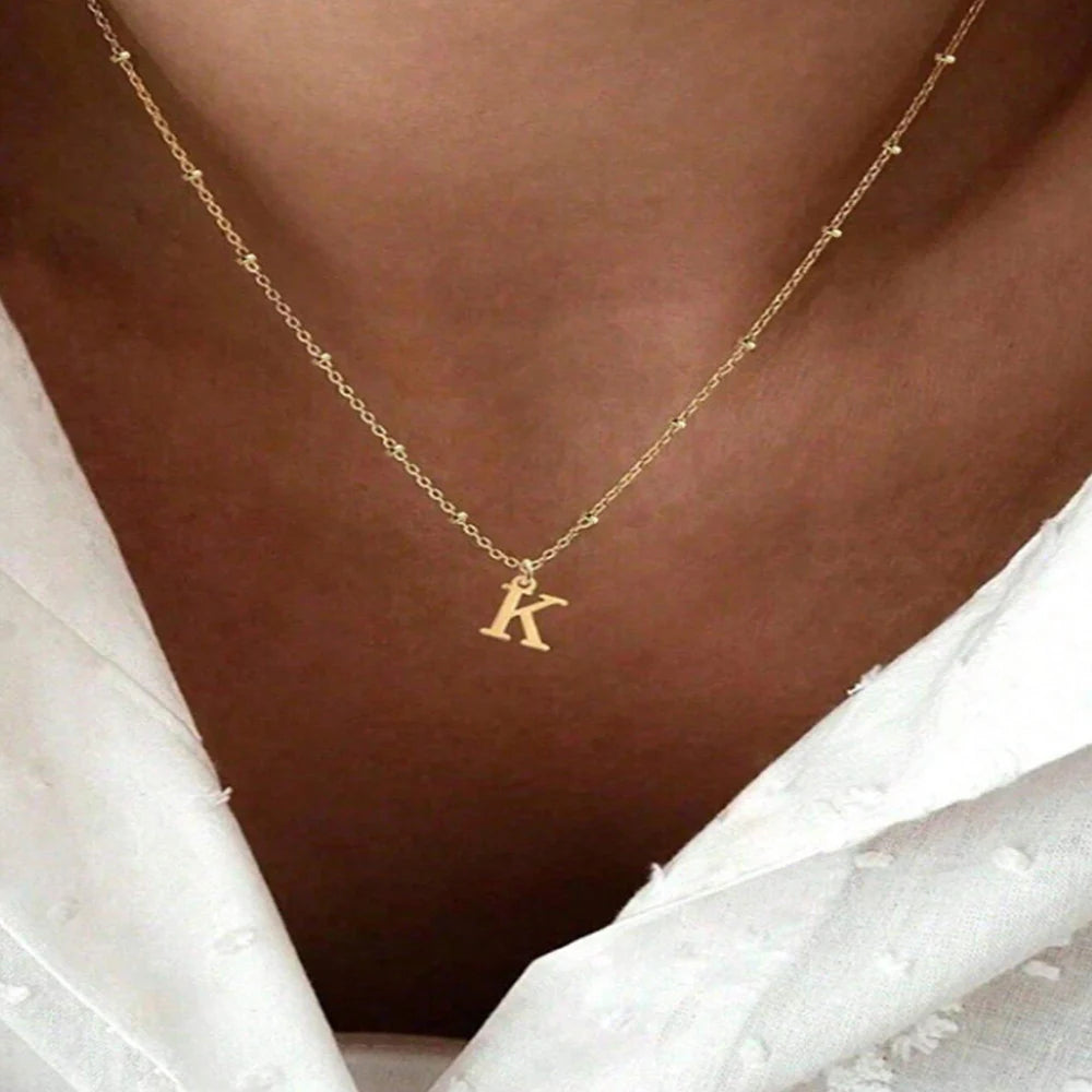 Gold Color A-Z English Initial Letter Pendant Necklace For Women Metal Jewelry Stainless Steel Chain Necklaces Simple Choker