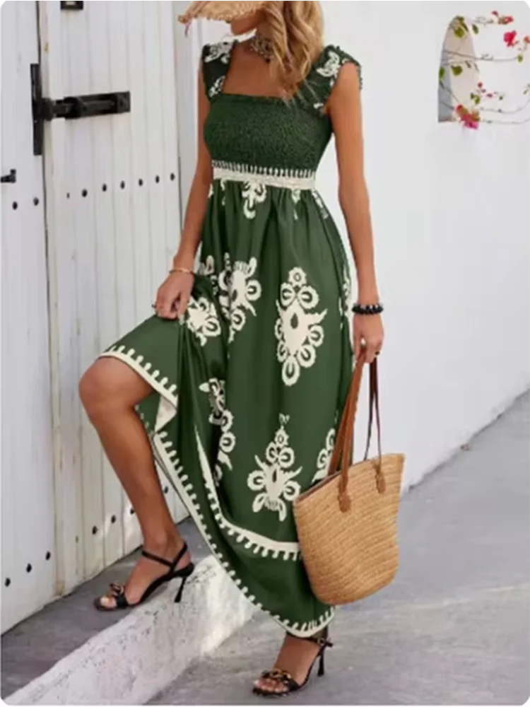 Trendy Square Neck Sleeveless Printed Dresses Women's Suspender High Waist Dress Beach Vacation Robe