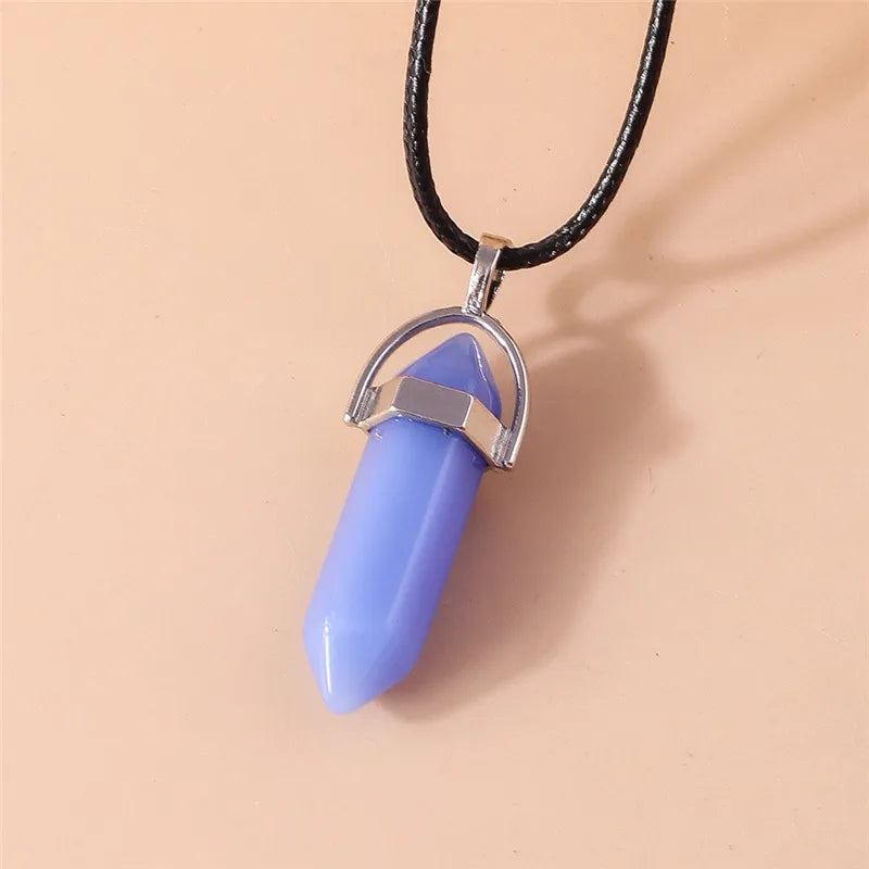 Natural Stone Quartz Lapis Opal Amethyst Pink Crystal Stone Hexagonal Column Pendant Necklaces Leather Chain Bullet Necklace