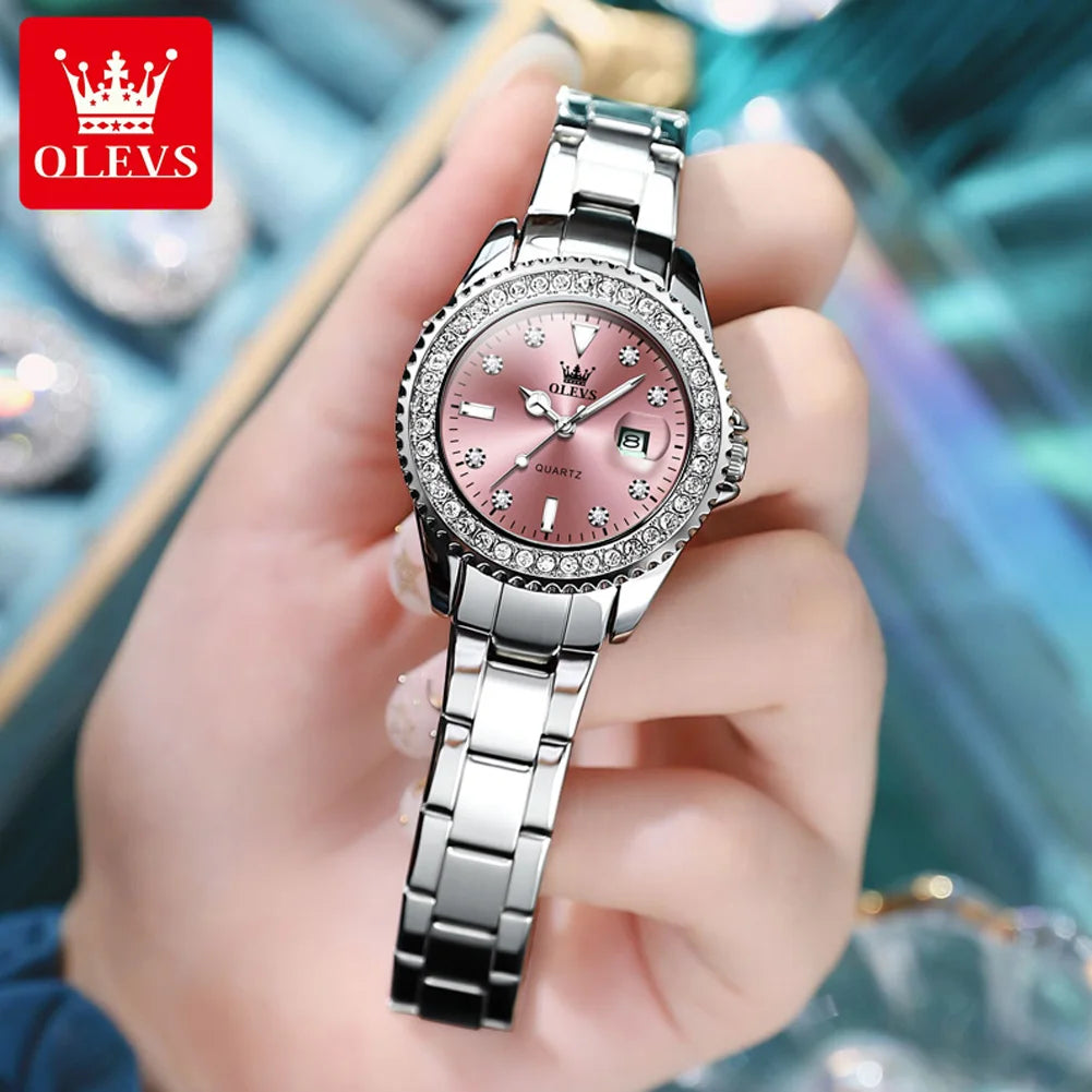 OLEVS 9945 Top Brand Original Quartz Watch for Women Luxury Diamond Lap Calendar Hand Clock Stainless Steel Ladies Wristwatches