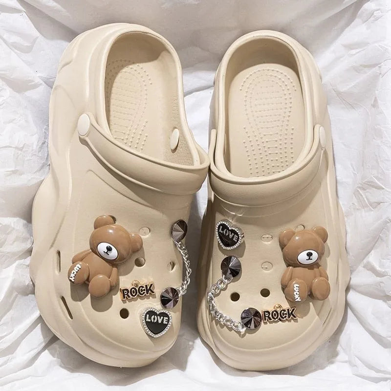 Women DIY Silver Chains Fashion Bear Decor Clogs Summer Sping Autumn Beach Sandals Cave Hole Garden Shoes For Students Girls New