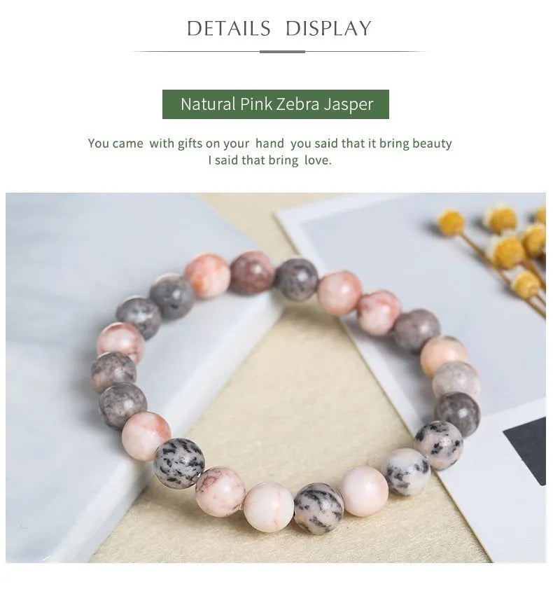 JD Natural Pink Zebra Jasper Stone Bead Bracelet Handmade Yoga Healing Wristband Jewelry for Women Men Bohe Simple Jewelry Gift