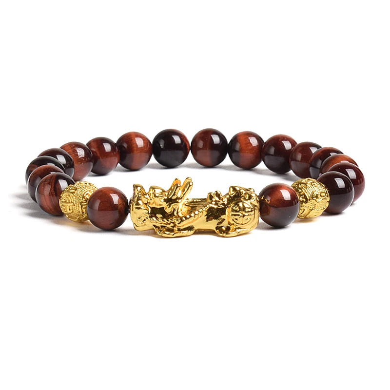 Pi Xiu Tiger Eye Stone Beads Bracelet Feng Shui Yellow Power Stone Women Men Elastic Jewelry Gold Color Pixiu Good Luck Bracelet