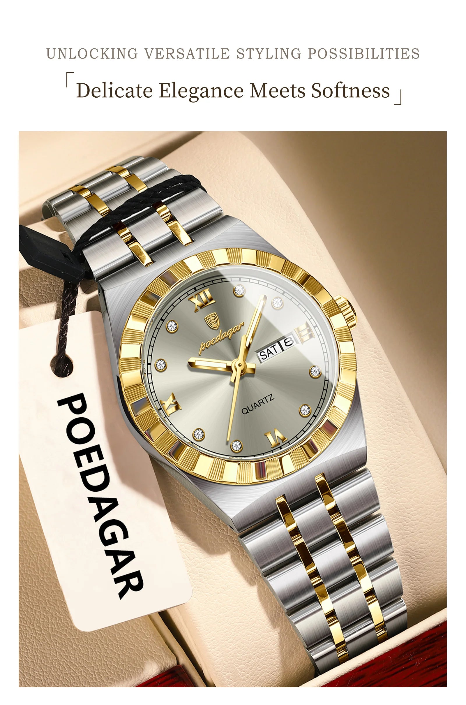 POEDAGAR Luxury Ladies Watch - Luminous Waterproof Week Date Stainless