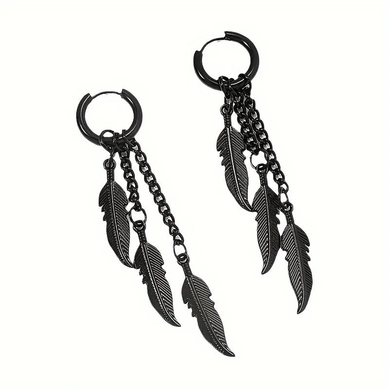 Fashionable and Creative Stainless Steel Colorful Feather Pendant Earrings Street Charm Cool Earrings for Men and Women
