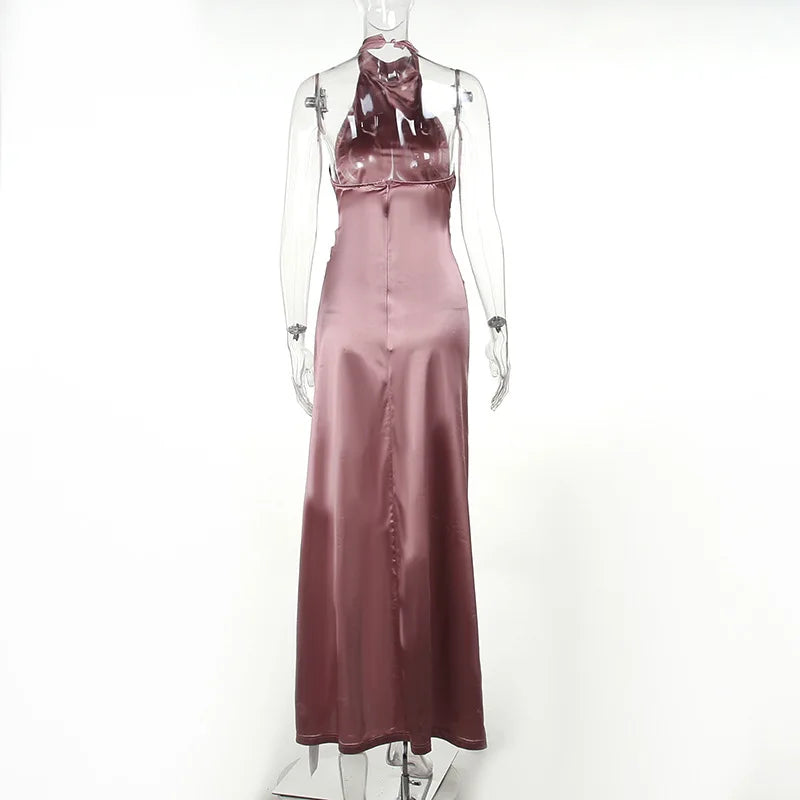 Sexy Satin Halter Dress - Ruched Slit Long Evening Gown