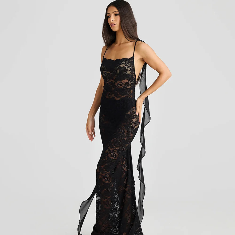 Articat Sexy Sleeveless Lace Patchwork Print Women Backless Party Evening Dress 2024 New Trailing Long Skirt Flowing Vestido