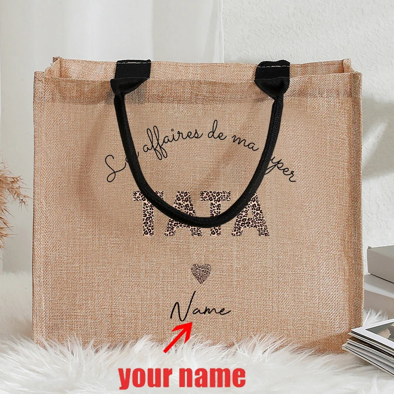Customizable with Name Leopard Letter for Tata Marraine Garland Patterns Jute Tote with Hand Shopping Bag for Godparents Gifts