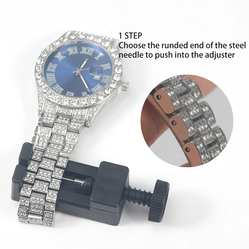 1pc Men Women Quartz Watch Iced Out Hip-hop Punk Full Diamonds Wrist Watch Bundled Size Adjuster Stylish Party Jewelry Gift Box