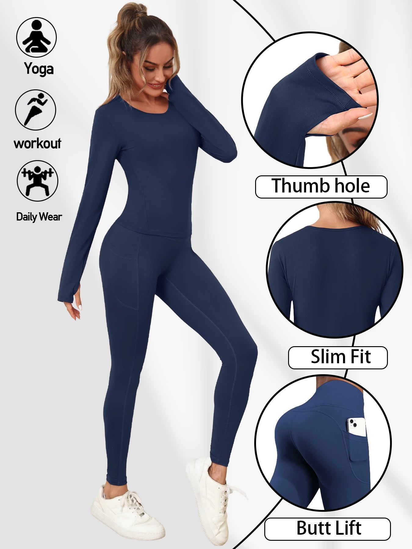 Women's Yoga Set Solid Color Round Neck Long Sleeve Sports Top Butt-Lifting Tummy-Control Pocket Leggings Outdoor Workout Set