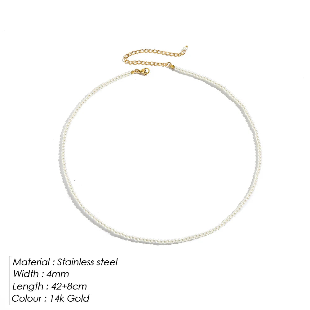 eManco New Imitation Pearl Necklaces Round Multi Size White Pearl Stainless Steel Necklace Women's Collarbone Chain