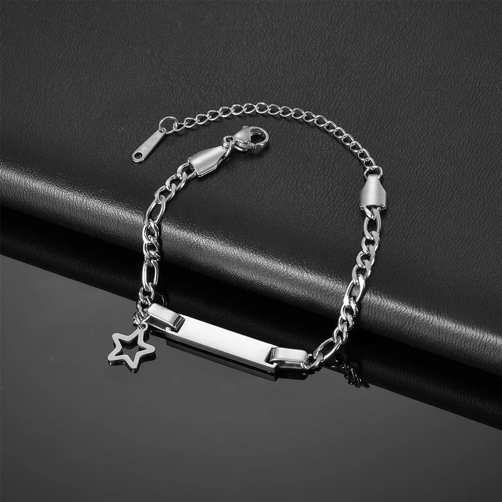 Akizoom Punk Newborn Baby Bracelets Hip Pop Gold Color Stainless Steel Figaro Chain Blank Bar Kids Bangle  Jewelry Birthday Gift