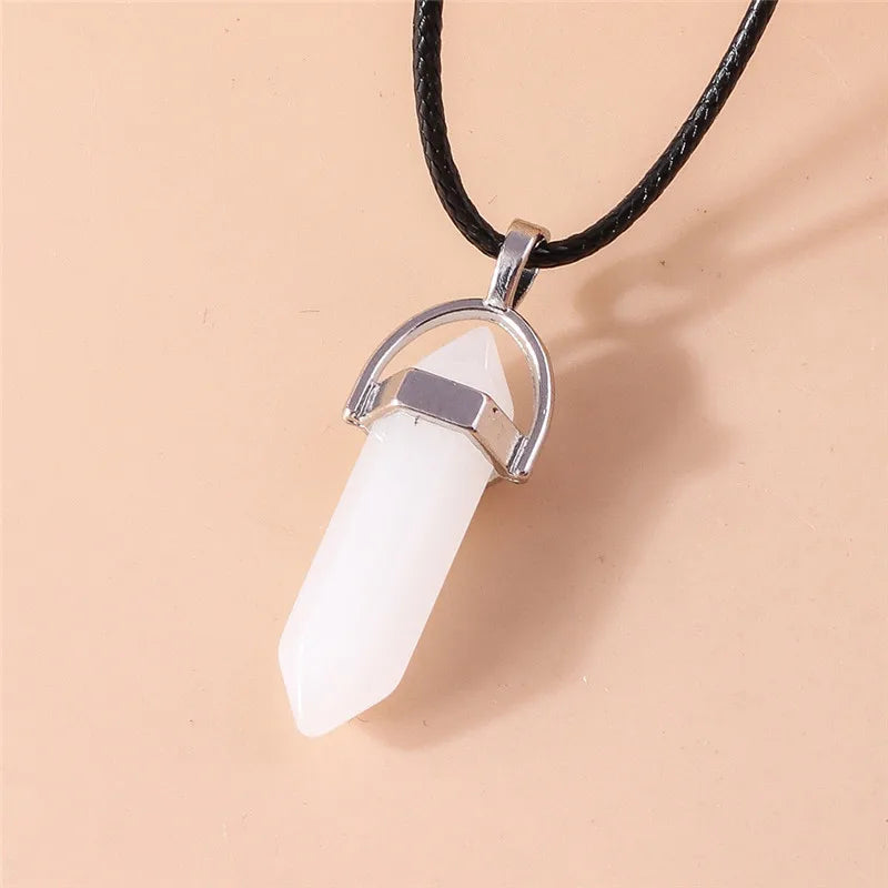 Natural Stone Quartz Lapis Opal Amethyst Pink Crystal Stone Hexagonal Column Pendant Necklaces Leather Chain Bullet Necklace