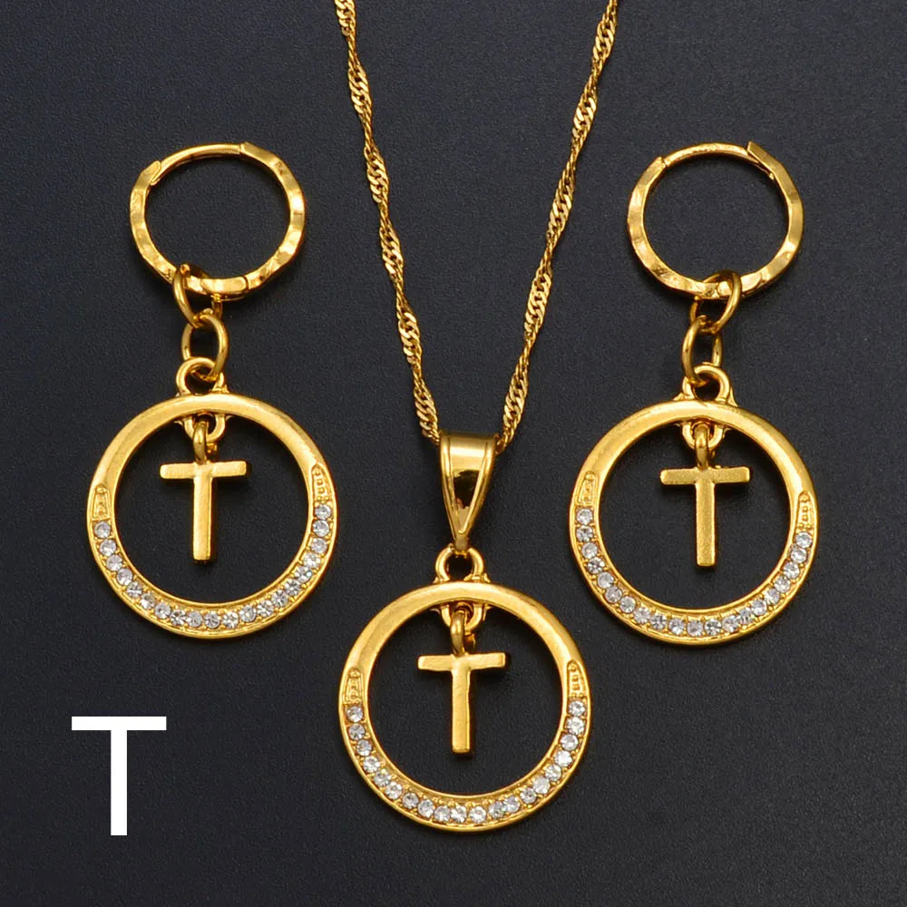Anniyo A-Z Alphabet set Pendant Necklace and Earring set,Guam, Hawaii,African Initial Jewelry English Letters  #260306