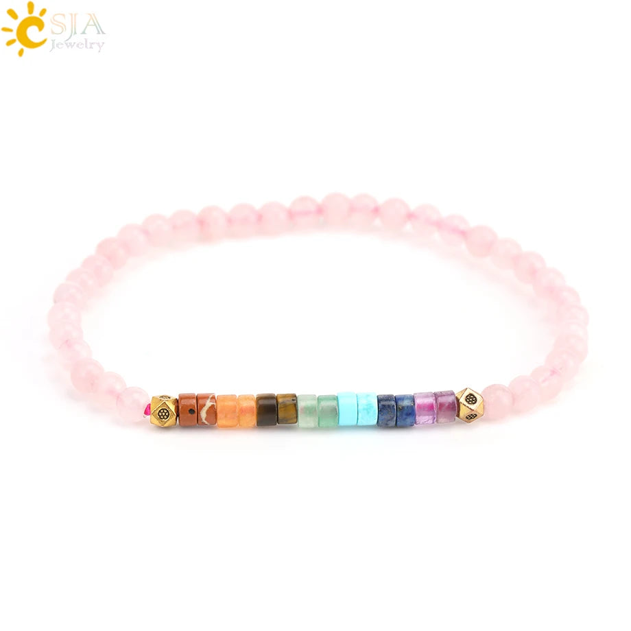 CSJA Natural Stone Bracelet Healing 7 Chakra Crystal Bracelet  Black Obsidian Tiger Eye 4mm Mini Beaded Bangle Luck Jewelry H393