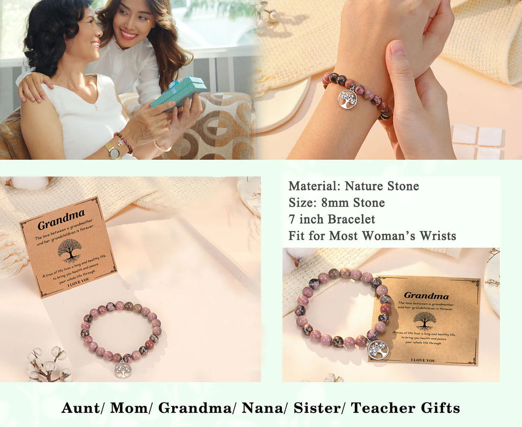 Purple Agate Bracelet Life Tree Card, Rhodochrosite Beaded Natural Stone Bracelet, Nana/Grandma/Mom Birthday Christmas Day Gifts