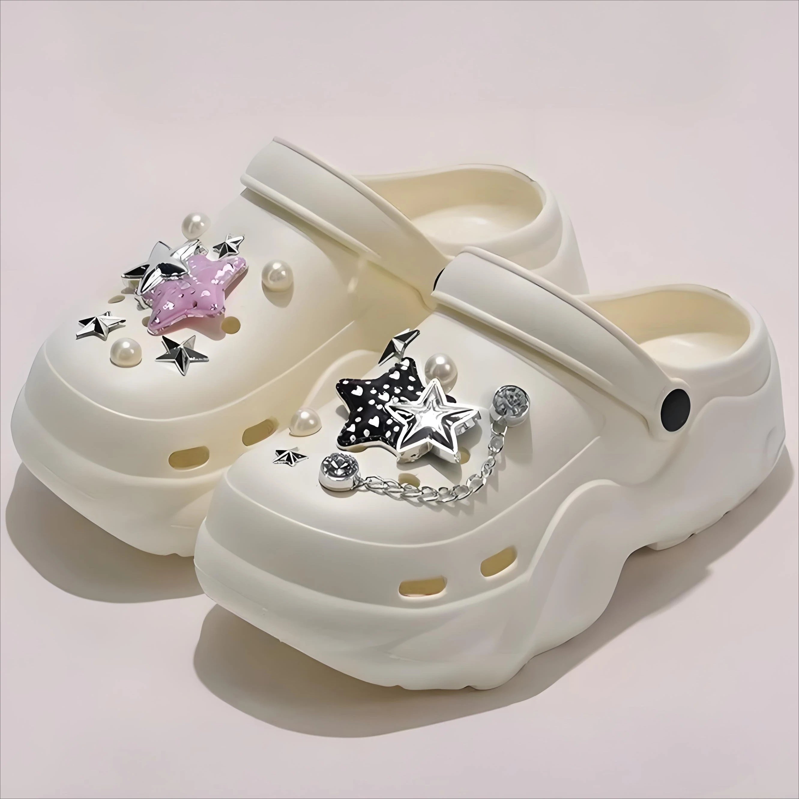 Women DIY Silver Chains Fashion Bear Decor Clogs Summer Sping Autumn Beach Sandals Cave Hole Garden Shoes For Students Girls New