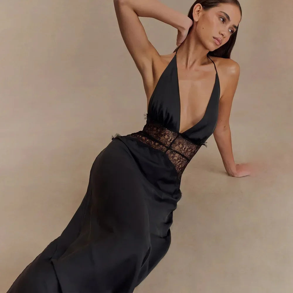 Deep V-Neck Backless Dress - Lace Satin Halter Maxi Evening Gown