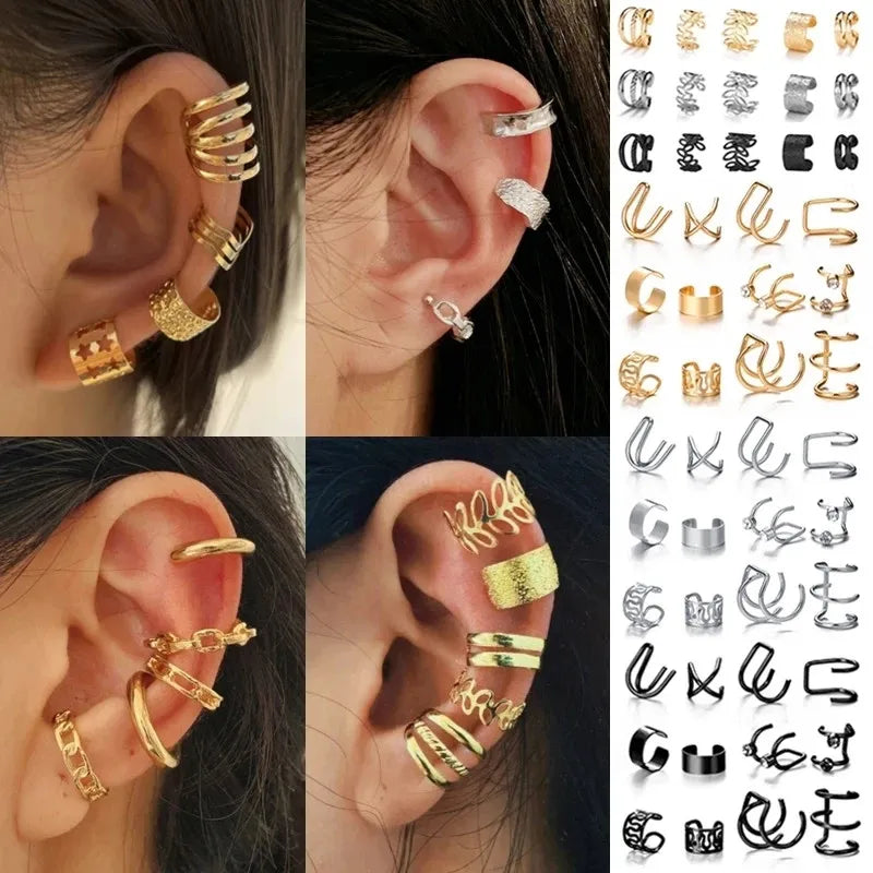 KOTiK 2024 New Gold Silver Color Leaves Clip Earrings for Women Fashion Ear Cuff Non-Piercing Earrings Set Trend Jewelry Gift